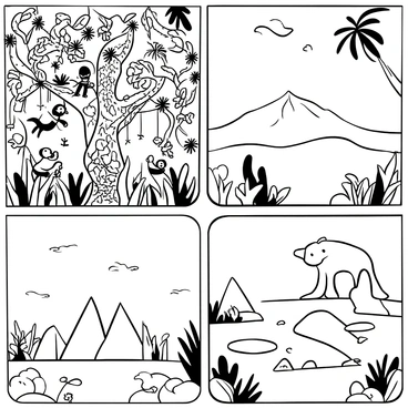 A dense jungle scene with a variety of plants and trees, showcasing a vine-covered tree in the foreground. Monkeys are swinging from branches, and a colorful parrot is perched on a branch. In another section, a vast desert landscape with rolling sand dunes and sparse vegetation, featuring a lone camel walking across the sand. Finally, an arctic scene with large icebergs floating on water, a polar bear standing on the ice, and a few seals lounging nearby. Each habitat is clearly defined, depicting a unique environment with its respective animal inhabitants.