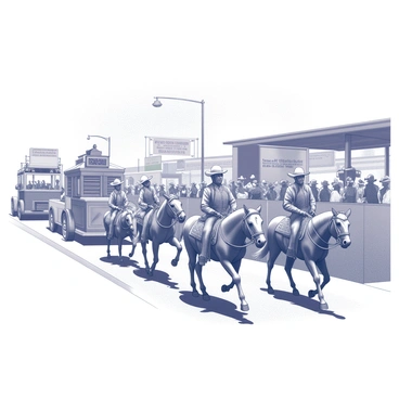A lively parade scene unfolds with various floats moving down the street. Each float is intricately decorated, showcasing colorful themes related to the event. A group of horses, adorned with traditional gear, leads the parade, trotting proudly as riders in attire encourage the crowd. Spectators line the sides of the street, watching with excitement and admiration. In the background, the rodeo arena is visible, with banners and signage signaling the upcoming events. The atmosphere is filled with energy and anticipation.