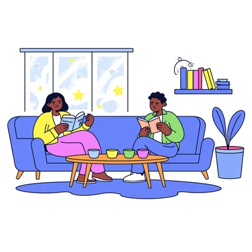 A cozy living room with soft lighting and a large, comfortable sofa. In the center, a round wooden table is set with various types of tea in colorful teacups. Two friends are sitting on the sofa, one holding a book titled "The Great Adventure" and the other listening attentively. There is a small bookshelf in the corner filled with books, and a fluffy rug on the wooden floor. A window shows gentle sunlight streaming in, adding warmth to the scene.