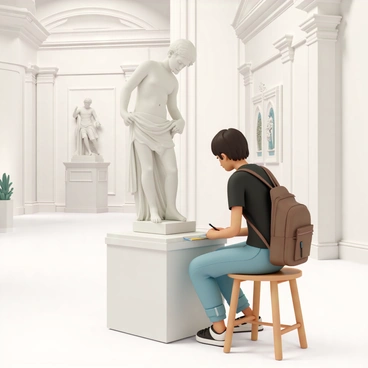 A young art student, wearing a black t-shirt, denim jeans, and a brown backpack, is seated on a wooden stool in a museum gallery. She is focused on sketching a classic sculpture of a Greek figure, which stands on a marble pedestal in front of her. The sculpture is intricately detailed, depicting a male figure in a relaxed pose, with flowing drapery and a serene expression. The gallery has soft lighting, showcasing the rich texture of the sculpture and the elegant architecture of the walls adorned with various artworks. The student is holding a sketchpad on her lap and has a pencil in hand, looking intently at the sculpture as she captures its contours.
