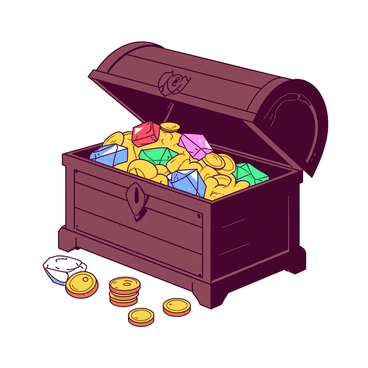 An open chest is filled to the brim with an assortment of sparkling jewels in various shapes and sizes. The gleaming gold coins spill out from the chest, creating a cascade of shiny currency that catches the light. The chest itself is made of dark wood with intricate carvings, showcasing its age and value. Some jewels reflect brilliant colors, creating a delightful contrast with the warm yellow of the gold coins. A few coins lay scattered around the base of the chest, enhancing the abundance depicted in the scene.