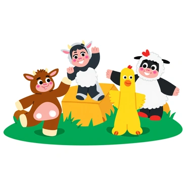 A colorful stage show featuring children dressed as various farm animals. One child is dressed as a "brown cow" with white spots, wearing a fluffy tail and cute ears. Another child is wearing a "black-and-white sheep" costume with a round, fluffy body and a playful face. A third child is adorned in a bright yellow "chicken" outfit with feathers on the head and wings. The stage is decorated with green grass and hay bales, creating a vibrant farm atmosphere. Children are posed in cheerful stances, showcasing their costumes while smiling broadly at the audience.
