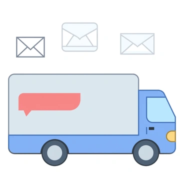 A postal delivery truck with open doors and several envelopes flying around it.