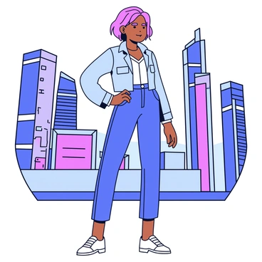 A portrait of a person standing confidently in a sleek, futuristic outfit that features metallic accents and sharp lines. The outfit includes a fitted jacket with a high collar and streamlined pants. The person's hair is styled in a modern fashion, complementing the overall look. In the background, a high-tech cityscape is visible, showcasing tall, geometric buildings with glowing neon lights and advanced technology. The scene is illuminated by a cool blue and purple color palette, enhancing the futuristic atmosphere.