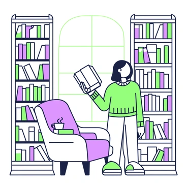 A person is standing in a cozy library, reading "Sonnet 18" aloud. The person has shoulder-length hair and is wearing a knitted sweater. They are holding an open book in one hand while looking up from the pages with a thoughtful expression. Surrounding them are tall bookshelves filled with various books, some stacked horizontally and others standing vertically. A comfortable armchair is positioned nearby, with a small table beside it holding a steaming cup of tea. Soft light is filtering through a nearby window, illuminating the room.