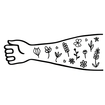 A person's arm is adorned with a collection of small tattoos featuring various botanical elements. Each tattoo depicts a distinct plant or flower, showcasing intricate details of leaves, stems, and petals. The tattoos vary in size and design, with some representing simple outlines while others exhibit more complex structures. The overall arrangement of the tattoos creates a harmonious composition, reflecting a deep appreciation for botanical studies.