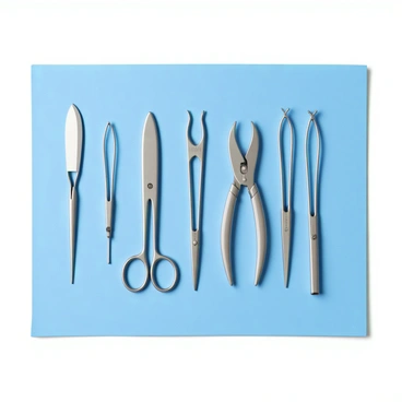 A set of surgical instruments for an appendectomy procedure is displayed on a sterile blue surgical drape. The instruments include a scalpel with a shiny stainless steel blade, a pair of curved scissors, a hemostat clamp, a pair of forceps, and various sizes of needle holders. Each instrument is polished and reflects light, showcasing its precise and functional design. The arrangement is orderly, with handles facing the same direction, ensuring easy access during the procedure.