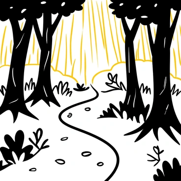 A winding forest path lined with tall trees, their trunks adorned with intricate bark patterns. The ground is covered with a thick layer of fallen leaves, exhibiting various shapes. Above, the canopy allows beams of golden sunlight to filter through, casting dappled shadows on the path. In the background, dense foliage adds depth, while a few scattered branches extend into the scene, enhancing the natural setting.