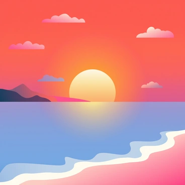 A sunset is casting deep red and orange hues across the calm ocean. The sky is filled with shades of red and orange blending seamlessly, reflecting off the water's surface. Gentle waves lap against the shoreline, creating soft ripples, while the horizon is defined by a few scattered clouds catching the warm colors of the sunset. The ocean appears tranquil, with no visible disturbances.