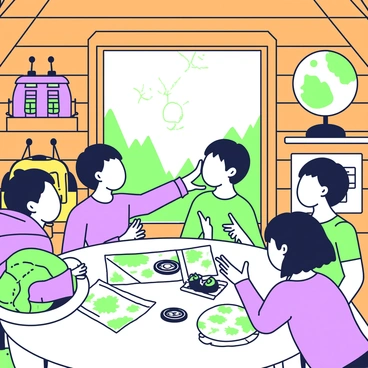 A group of children is gathered inside a cozy cabin filled with adventure gear and maps. The cabin walls are made of warm wood, and there are wooden beams overhead. In the center, a round table is cluttered with various maps spread out, some detailing forests and mountains. Nearby, a stack of brightly colored backpacks is piled against one wall, and climbing ropes are hanging from hooks. A globe sits on a shelf, alongside a collection of compass and binoculars. The children are animatedly discussing their next adventure, with one of them pointing excitedly at a map. Sunlight filters through the cabin window, casting light on their eager faces.