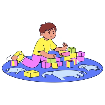 A child sitting on a colorful, animal-themed play rug. The child has short brown hair and is wearing a bright yellow t-shirt. Surrounding the child are various brightly colored toy blocks, each in different shapes like squares, rectangles, and triangles. The rug features cute, cartoonish animals like elephants, giraffes, and lions, adding a playful atmosphere to the scene. The child is focused on stacking the blocks, with a few blocks already built into a small tower.