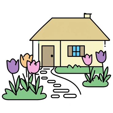 A charming cottage with a thatched roof and wooden window frames. The walls are painted a soft pastel color, complementing the surroundings. Along the cobblestone pathway leading to the front door, there are clusters of rare tulips in vibrant colors, including shades of deep purple, bright orange, and soft pink. The tulips are tall and elegantly shaped, swaying gently in a light breeze. Lush green grass surrounds the pathway, enhancing the vivid colors of the flowers.