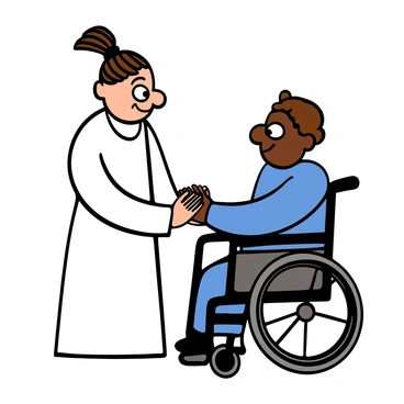 A close-up of a healer with light skin and big eyes, who has short hair tied back, looking intently at a paralyzed man with medium skin and big eyes. The healer is wearing a white tunic, and there is a soft expression of compassion on their face. The paralyzed man is sitting in a wheelchair, wearing a blue shirt and looking back at the healer with a hopeful expression. Their hands are gently touching, creating a connection, while their eyes meet with a sense of understanding and support.