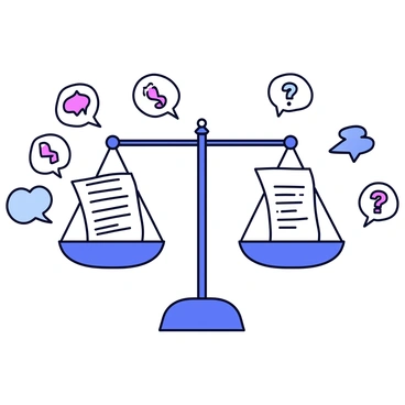 A pair of scales is centered in the image, with one side holding a sturdy, well-defined "strong argument" represented by a bold document. The other side of the scales shows a contrasting "counterargument" depicted by a slightly crumpled document. Surrounding the scales are several thought bubbles, each containing various symbols like question marks and exclamation points, indicating different perspectives and thoughts. The background is minimalistic to keep the focus on the scales and the thought bubbles.