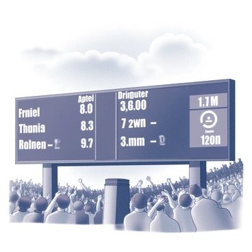 A large scoreboard stands prominently at an outdoor tennis venue. It displays the scores of an intense final set of a Wimbledon match. The left side of the scoreboard shows the name of one player, while the right side shows the name of the opponent. The numbers for the final set are prominently highlighted, indicating a close score. There are additional details showing previous sets, with a clear distinction between the scores. The scoreboard is surrounded by a lively crowd, with some spectators visibly focused on the action, and others celebrating the match outcome. The sky above is partly cloudy, indicating a typical day at Wimbledon.