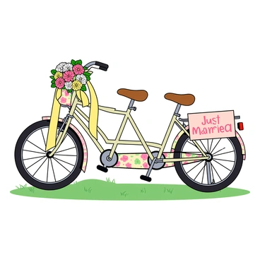 A tandem bicycle with a shiny frame and large wheels is parked on a grassy patch. The handlebars are adorned with a colorful bouquet of flowers in various shades of pink, white, and yellow. Brightly colored ribbon streams from the handlebars, gently swaying in the breeze. Attached to the rear of the bicycle are two large, playful "Just Married" signs, one on each side, decorated with flowers and heart motifs. The bicycle seats are cushioned and covered with floral-patterned fabric, adding to the festive atmosphere. The entire scene exudes a cheerful and celebratory vibe, perfect for a wedding day.