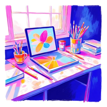 An illustrator's desk is filled with various sketches scattered around. There are several colored pencils of different lengths and hues lying in a disorganized manner. A digital tablet sits prominently in the center, displaying a vibrant illustration in progress. In the background, there is a cup that holds various brushes and pens, and a stack of sketchbooks is piled to one side. Natural light streams in from a nearby window, casting soft shadows on the desk.