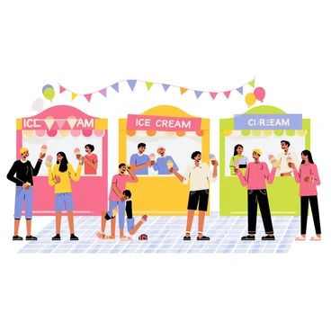 A lively ice cream festival filled with colorful stalls, each showcasing a variety of ice cream flavors. There are bright banners above the stalls announcing the different flavors available. People of all ages are happily sampling scoops of ice cream, with some holding cones topped with vibrant sprinkles. Children are laughing, enjoying their treats, while adults chat and take photos. The ground is covered with a checkered picnic blanket pattern, and there are balloons floating in the background, adding to the festive atmosphere.