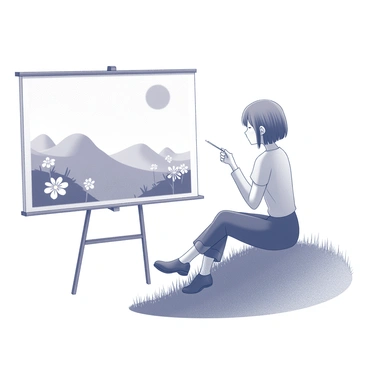 Eine Person namens Ichinose sitzt auf einem mit Gras bewachsenen Hügel. Sie hält einen Pinsel in der Hand und konzentriert sich auf die Leinwand vor ihr. Die Leinwand zeigt eine Landschaft mit sanften Hügeln und einem weiten Himmel. Rund um den Hügel sind verschiedene Blumen in unterschiedlichen Formen und Größen angeordnet. Der Himmel ist klar, und die Sonne scheint auf die Szene herab.