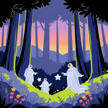A dense forest filled with tall, slender trees and thick underbrush. The leaves are a deep green, and the ground is covered with soft moss and vibrant wildflowers. Several gentle spirits are present, depicted as ethereal figures with delicate features, softly glowing in shades of blue and white. They float gracefully among the trees, their light illuminating the surroundings. The twilight sky is a gradient of purple and orange, creating a serene ambiance over the forest as the spirits interact with the flora and fauna.