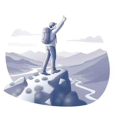 A hiker reaching the summit of a mountain with a panoramic view below