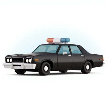 A 1970s police interceptor car in a glossy black finish parked on the side of a road. The car features distinctive red and blue lights flashing on top of the vehicle. The chrome bumpers shimmer under the bright lights as the vehicle stands with its doors closed. The scene includes a clear blue sky as a backdrop, emphasizing the retro design of the car with its sharp angles and classic decals. The tires are black with white walls, providing a striking contrast to the overall appearance of the car.