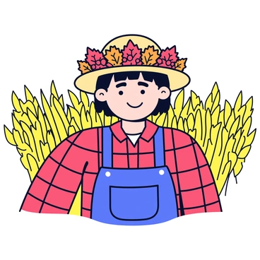 A flower crown made of vibrant autumn leaves in shades of red, orange, and yellow. The crown is interspersed with small clusters of bright red and dark purple berries. A farmer is wearing the crown, with a plaid shirt and a straw hat, standing in a field filled with ripe crops ready for harvest. The background features golden stalks of wheat, emphasizing the harvest season.