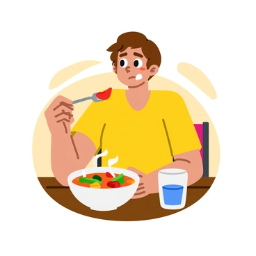 A person with short brown hair is wincing while holding a fork with a piece of bright red chili pepper on it. Their eyes are wide open, and their mouth is slightly open as if they are struggling to handle the heat. The person is sitting at a wooden table with a bowl of steaming spicy food in front of them. The food is colorful, with vibrant vegetables and a rich sauce glistening under the light. A glass of water is nearby, reflecting a sense of urgency to cool their mouth. The background features a cozy dining setting with soft light illuminating the scene.