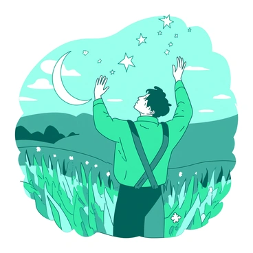 A teal farmer dressed in rustic clothing is standing in a vibrant field, carefully reaching up to pluck shimmering stars from the sky. The crescent moon hangs low, glowing softly and illuminating the scene with a gentle light. The farmer's hands are extended, with a few glowing stars held delicately between his fingers. The field around him is filled with tall, waving grass, and a few scattered flowers can be seen adding pops of color to the landscape. The overall mood of the scene is enchanting, as the stars seem to twinkle in response to the farmer's touch.