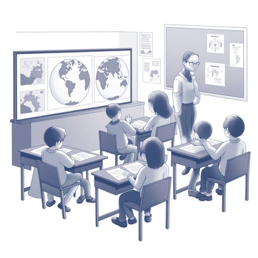 A classroom setting filled with children engaged in a discussion about the flat Earth concept. The children are seated at wooden desks, with some raising their hands to answer questions. On the walls, there are various diagrams detailing the flat Earth model, showcasing maps and illustrations. A teacher stands at the front of the class, pointing to one of the diagrams while explaining the topic. The room is filled with educational materials, including books and posters related to geography and science.