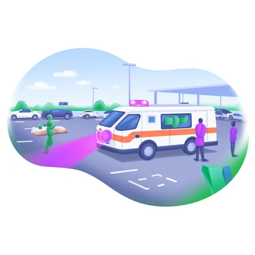 A modern pastel illustration of a parking lot with an emergency vehicle featuring prominent "flashing lights." The emergency vehicle is positioned at an angle, showcasing its distinctive markings. Surrounding the vehicle are several bystanders observing the scene. In the background, a clear blue sky enhances the visibility of the situation, while a few parked cars can be seen lined up neatly in rows. The ground is paved with gray asphalt, and there are scattered white parking lines visible.