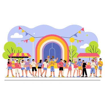 A lively outdoor music festival featuring a bright blue sky overhead and a large colorful stage at the front. Groups of people of various ages are gathered, dancing and enjoying the music under the warm sun. Some attendees are wearing sunglasses and summer clothing, while others are holding drinks and smiling as they interact. Colorful banners and flags are fluttering in the gentle breeze, adding to the festive atmosphere. In the background, food stalls are set up, offering a variety of snacks, and a few trees provide shade for those resting.