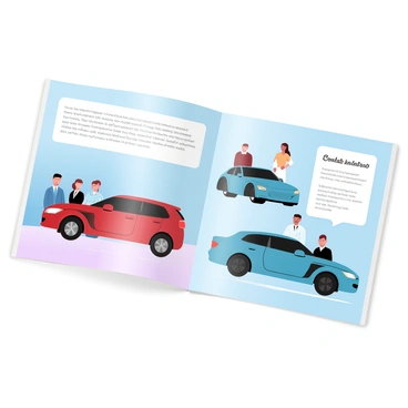 A luxury car insurance brochure with glossy images of cars and happy customers