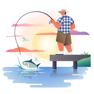 A lone fisherman with tanned skin and a wide-brimmed hat is standing at the edge of a wooden dock, casting his fishing line into the shimmering water. He is wearing a plaid shirt with rolled-up sleeves and brown cargo shorts. The sky above is filled with vibrant shades of orange and purple, signaling the sunset. In the water, several fish are leaping out, creating splashes as they break the surface. The dock is surrounded by gentle waves, reflecting the colorful sky, and there are hints of green vegetation along the shoreline in the distance.
