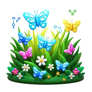 A variety of butterflies with intricate wing patterns representing different enzymes. Each butterfly has distinct colors symbolizing specific biochemical processes, with vibrant blues, yellows, and greens. The scene includes a lush garden filled with diverse plants, flowers, and biochemical symbols integrated into the foliage. The butterflies are fluttering gracefully among the flowers, creating a dynamic interaction within the garden setting. The sunlight filters through the leaves, casting soft shadows on the ground, enhancing the lively atmosphere of the biochemical garden.