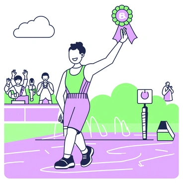 A runner stands on a track field with a broad smile, holding up a "first-place" ribbon high in the air with one hand. The runner is wearing a fitted athletic uniform and running shoes. The ground is marked with lane lines and the surrounding area includes hurdles and a starting block. In the background, there are spectators in the stands cheering and clapping. The sky above is clear with no clouds, creating a bright atmosphere around the scene.