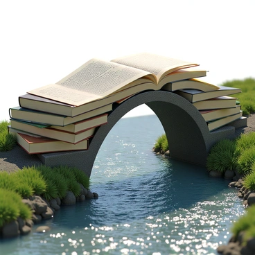 A bridge arching over a flowing river, constructed entirely from open ledger books. The ledger books are stacked on top of each other, displaying various handwritten notes and figures across their pages. The river below reflects the sunlight sparkling on its surface, while the banks are lined with green grass and small rocks. The scene captures the intricate details of the pages fluttering slightly in the breeze, showcasing the texture and colors of the books’ covers.