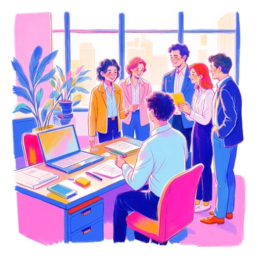 An employee is seated at a desk, surrounded by office supplies and paperwork. The employee has short brown hair and is wearing a blue shirt. They are glancing towards a colleague who stands nearby, receiving congratulations from several other coworkers. The colleague has curly hair and is dressed in a smart suit. The expressions on their faces convey excitement and pride. In the background, there are potted plants and a large window letting in natural light. The atmosphere captures the contrast between the quiet desk area and the lively scene of celebration.
