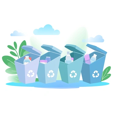 A recycling station with multiple bins, each clearly labeled for different materials such as "Paper," "Plastic," "Glass," and "Metal." The bins are arranged in a row, showcasing a variety of vibrant colors. Each bin has an open top, displaying items such as crumpled paper, plastic bottles, and glass jars placed inside. The area around the bins is clean and organized, with a backdrop of lush green plants and trees enhancing the scene. A bright blue sky is visible above, contributing to the colorful atmosphere.