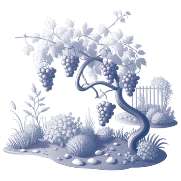 A lush vine with thick, swirling branches extending outwards. The vine is heavy with clusters of grapes, each bunch drooping slightly under their own weight. Surrounding the vine is an intricate garden filled with various plants, including leafy shrubs and tall grasses. The ground is adorned with rich soil and occasional stones, hinting at a well-tended area. Sunlight filters through the canopy of leaves above, casting dappled shadows across the scene. In the background, additional garden features such as a rustic trellis or a small stone path can be seen, enhancing the garden setting.