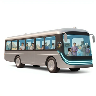 A large, futuristic bus with sleek metallic surfaces and glowing blue accents. The bus is parked in a vibrant scene that showcases various historical eras in the background. On the left, ancient pyramids of Egypt rise against a sunset sky, while on the right, medieval castles and knights can be seen. In the center, passengers are peering out of the bus windows, their expressions filled with awe. Inside the bus, a diverse group of individuals includes a man in a suit, a woman with a vintage dress, and a child wearing a modern backpack. The interior is illuminated with holographic displays depicting historical events.