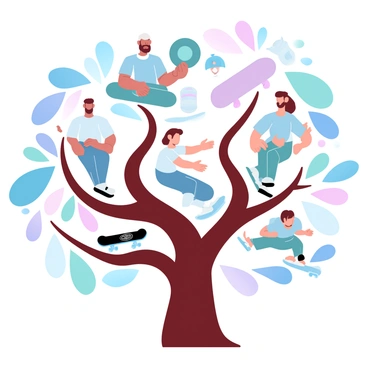 A family tree illustration featuring generations of skaters, from children to grandparents.