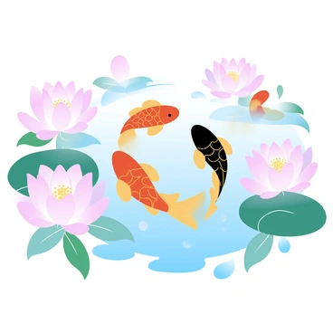 A group of colorful koi fish with intricate patterns is swimming gracefully in a tranquil pond. The koi fish display vibrant hues of orange, yellow, and black. Surrounding the pond are large lotus flowers in full bloom, showcasing their soft pink and white petals. The water's surface reflects the delicate colors of the flowers and the koi fish, creating a harmonious scene. Lush green leaves float on the water, adding to the natural beauty of the setting.