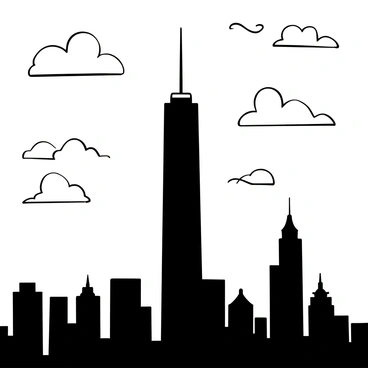A detailed representation of "One World Trade Center" rising against the backdrop of a "sunrise." The silhouette of the tower stands tall in the foreground, with a gradient of light emerging from behind it, suggesting the early morning light. The sky is filled with various patterns of clouds, creating dynamic shapes around the structure. In the lower part of the image, there are shadows of nearby buildings, providing context to the scene. The overall composition emphasizes the towering presence of the structure, evoking a sense of hope and new beginnings.