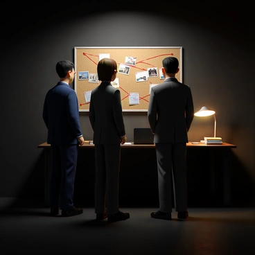 Two FBI agents, one with short dark hair and the other with longer brown hair, are standing in a dimly lit office. The agent with dark hair is wearing a navy blue suit and a light blue shirt, while the other agent is dressed in a charcoal gray suit with a white shirt. They are both looking at a large corkboard filled with photos, documents, and red string connecting various pieces of evidence. The office has dark wood furniture, and there is a desk with a laptop and several files scattered across it. A single desk lamp casts a warm glow, highlighting their focused expressions as they discuss the details of the case.