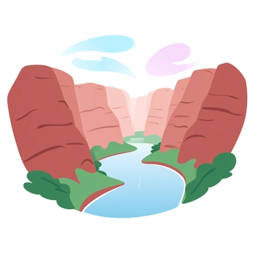 A wide view of a deep canyon with rugged, layered rock formations in various shades of earth tones. The canyon walls display distinct horizontal and vertical strata, showcasing the geological history of the area. A river flows below, winding through the valley with gentle curves, reflecting the colors of the rock. Lush greenery can be seen along the riverbanks, contrasting with the rocky terrain. The sky above is a gradient of pastel colors, transitioning from light blue to soft pink hues, adding depth to the scene.