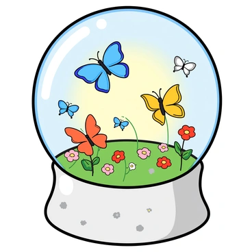 A round snow globe with a clear glass exterior, showcasing a colorful butterfly scene inside. The butterflies are in various sizes and vibrant colors, including blue, yellow, and orange. They are fluttering around a small, detailed flower garden, which consists of red, pink, and white flowers. The base of the snow globe is a glossy white, adorned with tiny, playful designs of flowers and butterflies. The scene is illuminated with soft, warm light, highlighting the delicate wings of the butterflies as they dance amidst the flowers.