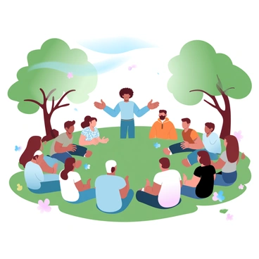 A diverse group of people is sitting in a circle on green grass in a park. The group consists of individuals of various ages and ethnicities, including a man with curly hair dressed in a blue shirt, a woman in a floral dress, and a person wearing a bright orange hoodie. They are all facing a speaker who stands in the center, gesturing expressively. The trees surrounding them have lush green leaves, and a few colorful flowers are scattered throughout the grass. A soft breeze creates a peaceful atmosphere, with the sun casting gentle light on the scene.