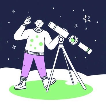 A broken telescope is positioned on a grassy hill under a starry night sky. The telescope has a cracked lens and a bent body, showing clear signs of wear and damage. A person stands beside the telescope, wearing a cozy sweater and jeans, with an expression of determination on their face. They lift one eye to the broken lens, attempting to peer at the distant stars. In the background, a scattering of twinkling stars is visible in the dark sky, creating a contrast with the silhouette of the person and the telescope.