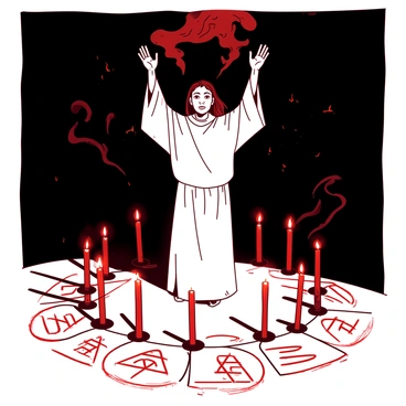 A white-robed figure is standing in the center of a dimly lit room, surrounded by numerous flickering red candles that cast shadows on the walls. The person has a focused expression as they raise their arms above their head, invoking a dark presence. Around them, intricate symbols are drawn on the floor in white chalk, forming a large circle. In the air, there are wisps of dark smoke swirling gracefully, adding to the mysterious atmosphere of the ritual. The reflections of the flames dance in the person's eyes, creating an intense focal point amidst the surrounding darkness.